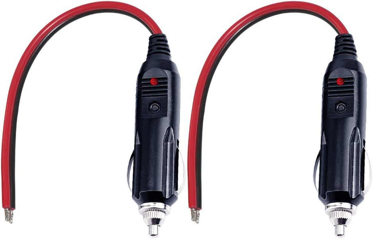 12V Replacement Cigarette Lighter Male Plug with Lead - 24V Car Power Adapter Auto Accessories with Led Lights, 15A Fuse (Male Plug to Tinned Terminal)