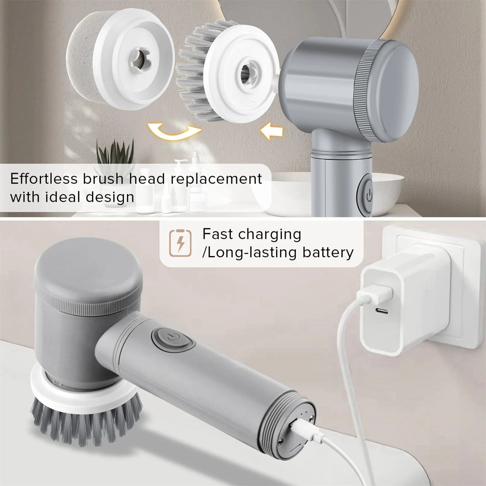 Popular Pick！  Electric Cleaning Brush * 1 Brush Head * 6 Usb Cable * 1 Scrubber Cleaning Brush Cordless Power Scrubber with 6 Replaceable Brush Heads Handheld Power Shower Scrubber for Bathtub