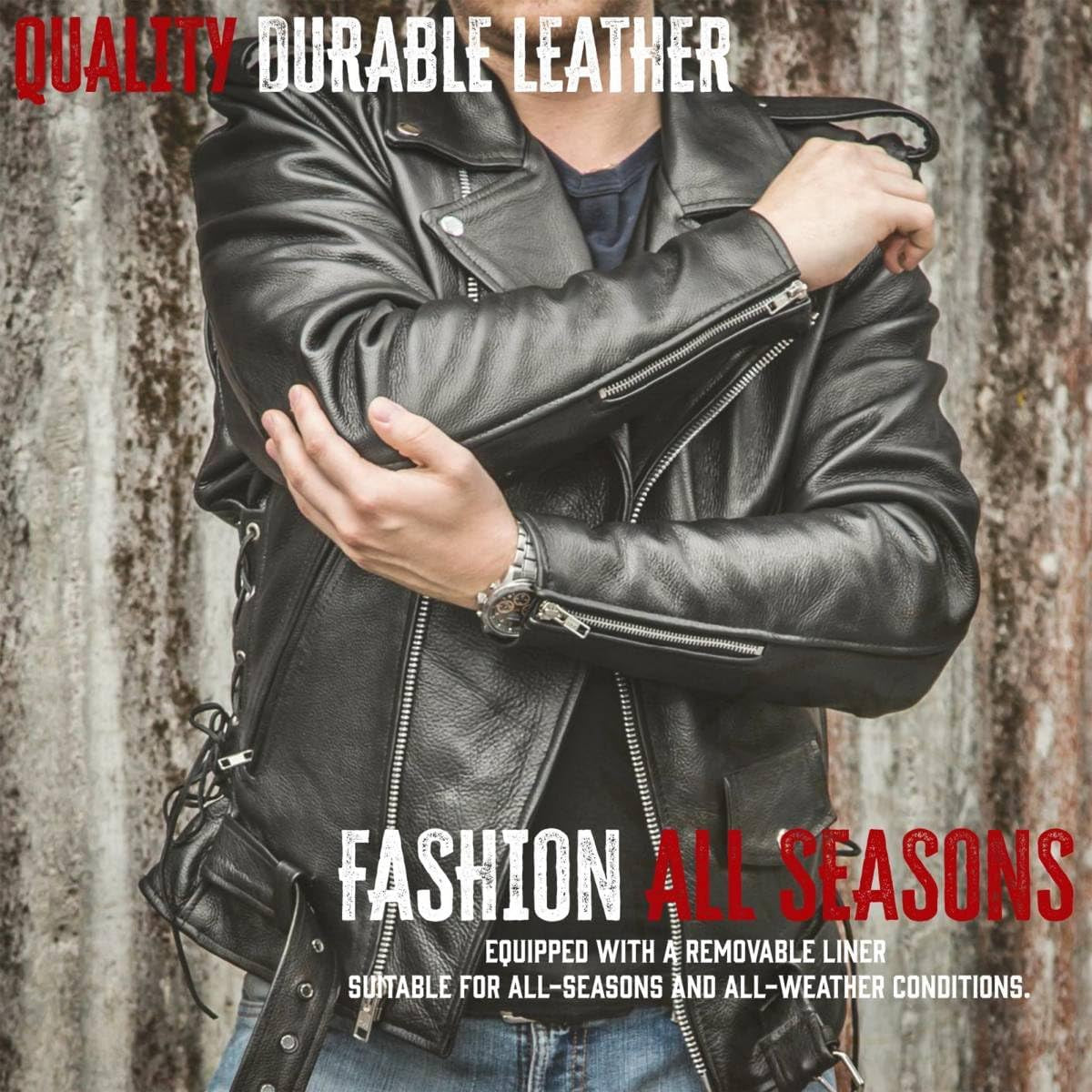 SH1011 Men'S Classic Brando Premium Leather Black Motorcycle Riders Leather Jacket W/Side Laces