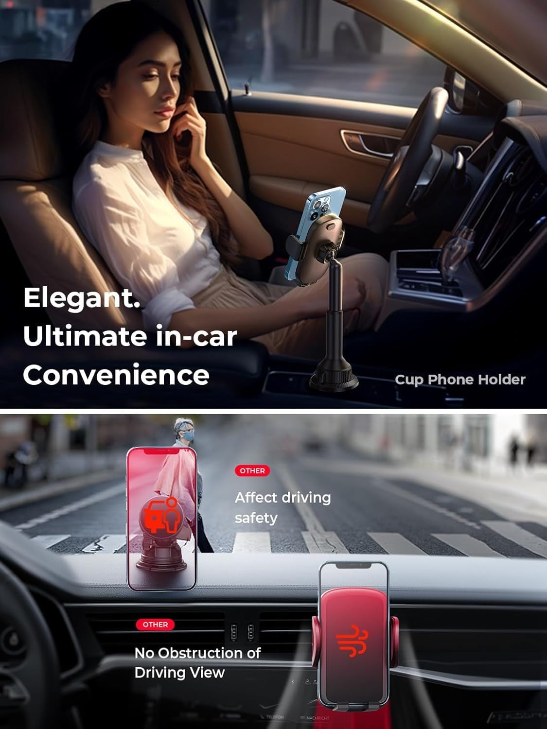 Cup Phone Holder for Car No Shaking Car Phone Holder Mount, 360° Adjustable Car Accessories for Women Truck Jeep, Golf Accessories for Iphone 16E 16 15 14 13 Pro Max Samsung S25 All 4-7'' Phone