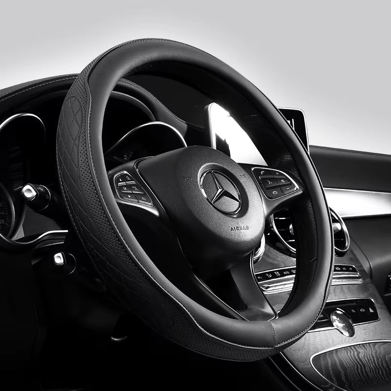 Napa Leather Perforated Patchwork Car Steering Wheel Cover, Non-Slip, Breathable, Universal 15 Inch (Approx. 38Cm)