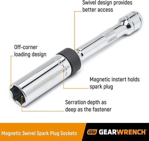 3/8" Drive 6 Pt. 5/8" X 6" Magnetic Swivel Spark Plug Socket - 80546