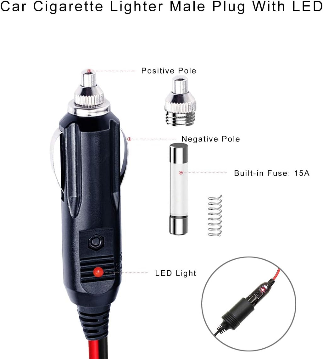 12V Replacement Cigarette Lighter Male Plug with Lead - 24V Car Power Adapter Auto Accessories with Led Lights, 15A Fuse (Male Plug to Tinned Terminal)
